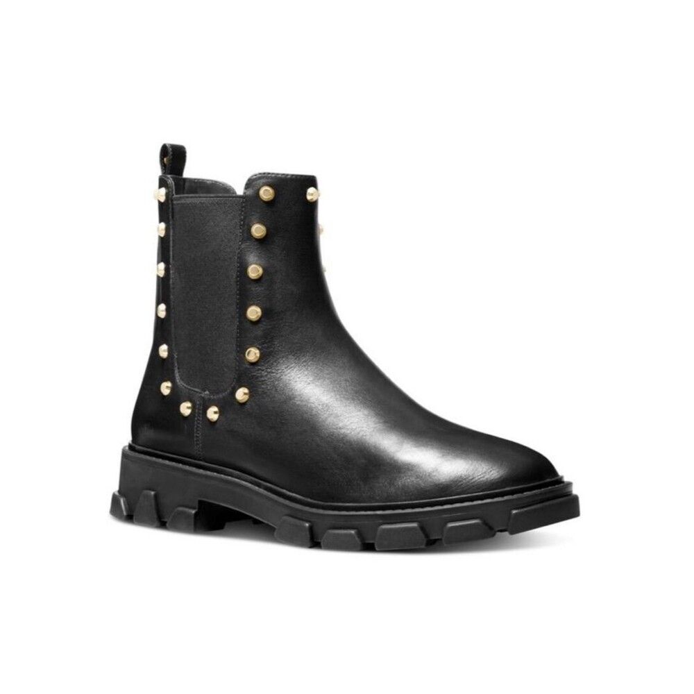 MICHAEL Kors Ridley Studded Leather Chelsea Boots Black Gold Lug Sole NWT Size 5